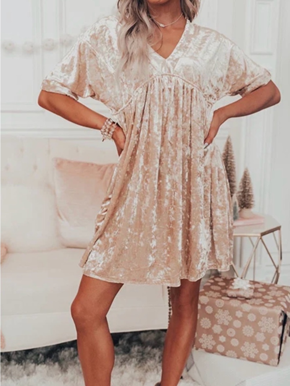 Velvet V-Neck Smocked Babydoll Dress in Champagne NWT SZ Small